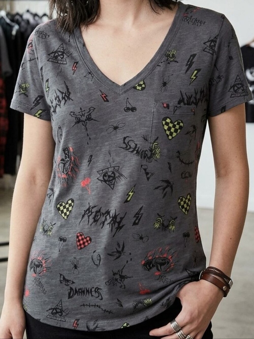 Torrid Heritage Goth Graphic Slub Jersey V-Neck Pocket Tee - Picture 2 of 3